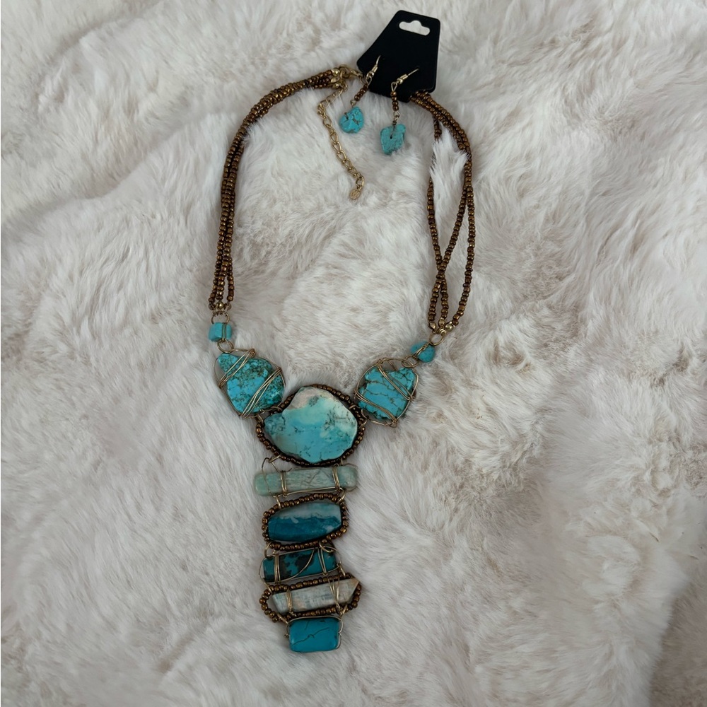 Blue and Brown Bohemian Necklace with Turquoise Stones
